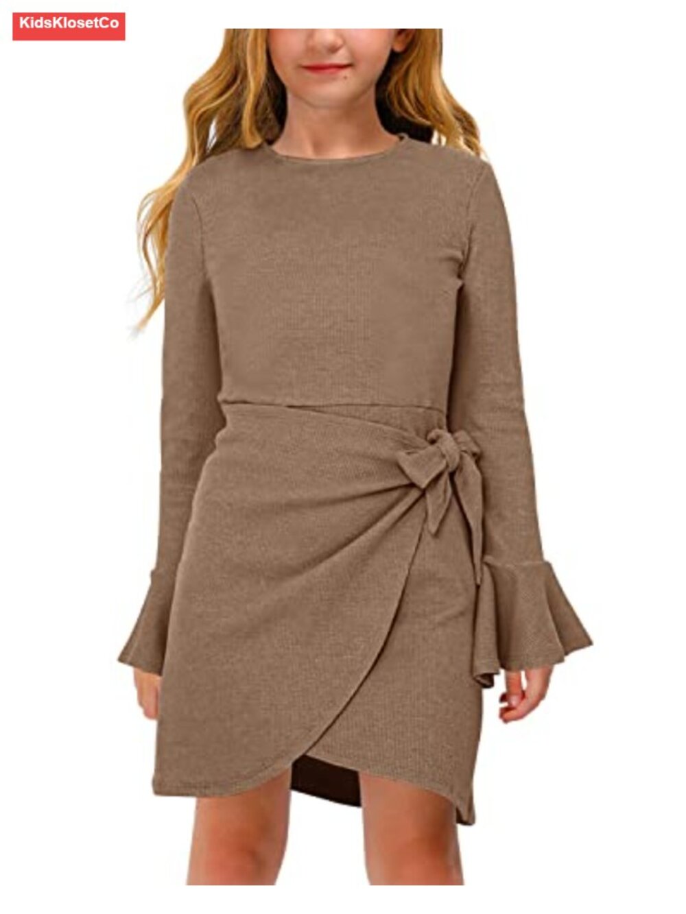 Kids Waffle Knit Midi Dress Long Sleeve Belted Flared Casual